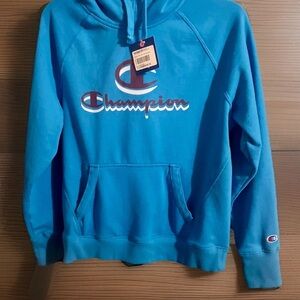 New-Champion Powerblend Hoodie Balboa Blue Medium Fleece Logo Pockets